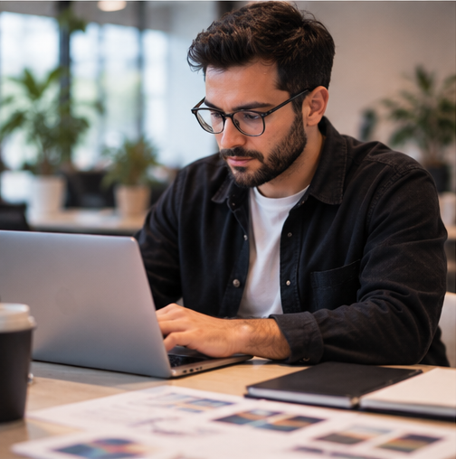 Marketer working with analytics and a laptop