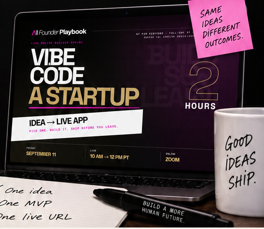 AI Product Sprints: Idea to App in 2 Hours workshop deck on a laptop, with a mug that says Good ideas ship.